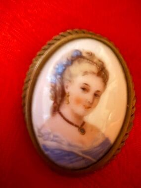 Limoges Porcelain Portrait Brooch in Blue and Gold